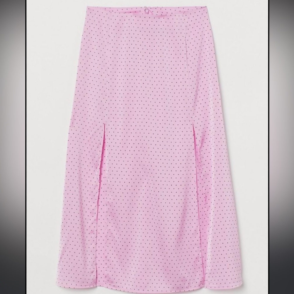 NWOT H&M Barbie Satin Double Split Pink & Black Dotted Skirt Size 10